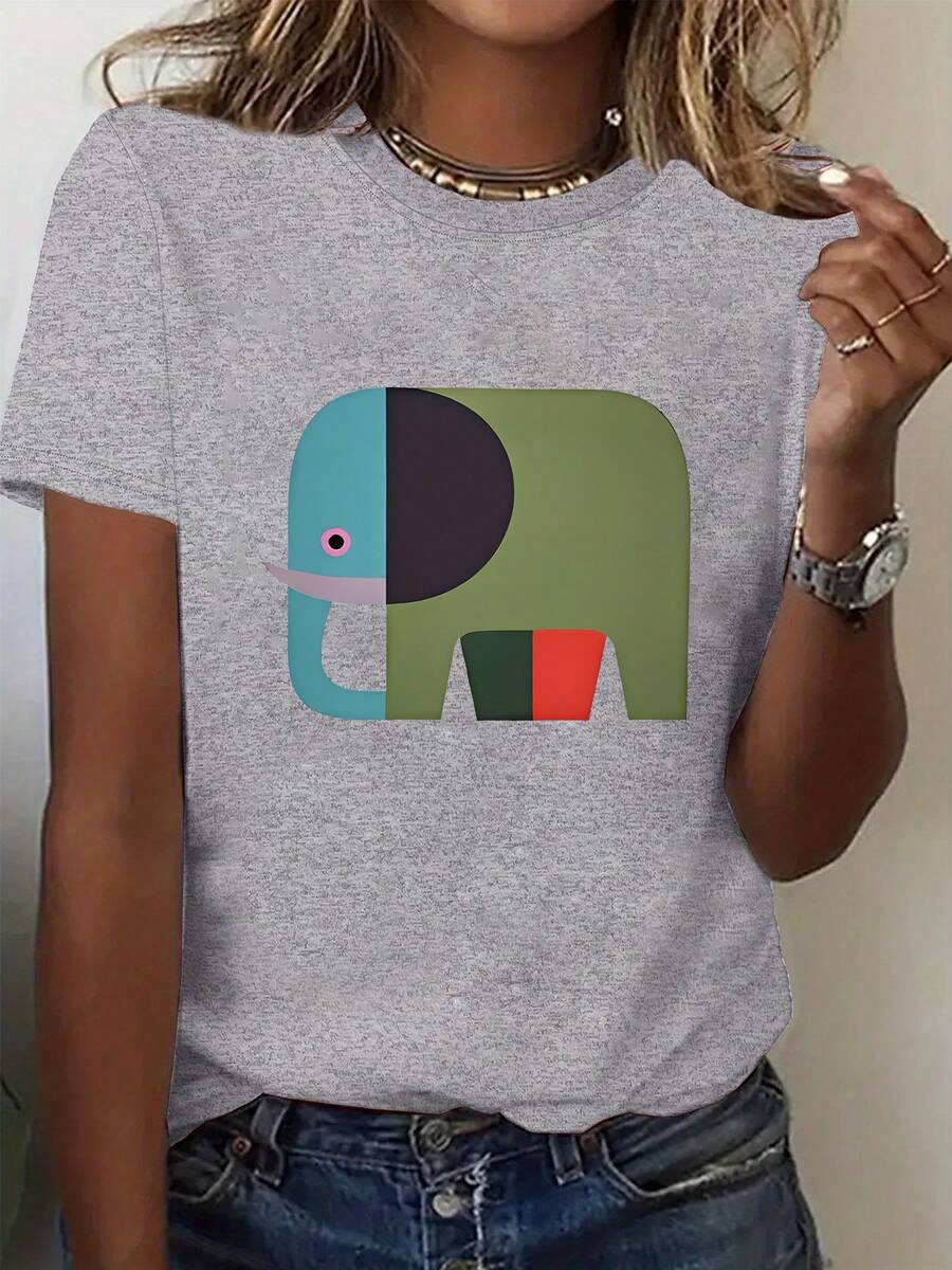 Plus Size, Women's Oversized T-Shirt With Abstract Elephant And Letter Print '' (For Mare/ Marie) - Round Neck, Casual, Warm For Winter - Machine Washable, Comfortable - Chinese Textile Product Labeling - In Stock For Immediate Delivery - Grey - View 1