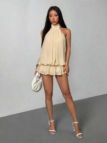 Vestido mini elegante de mujer con escote halter y lazo en color beige - Beis - Ver 5