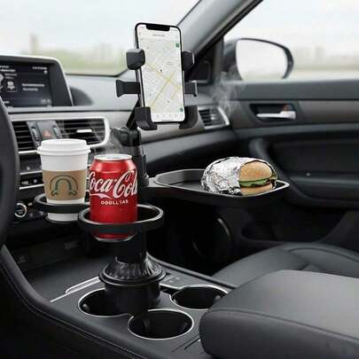 Soporte de teléfono para coche 4 en 1 con portavasos, bandeja para comida y espacio de almacenamiento - Accesorios de coche ajustables y a prueba de agua