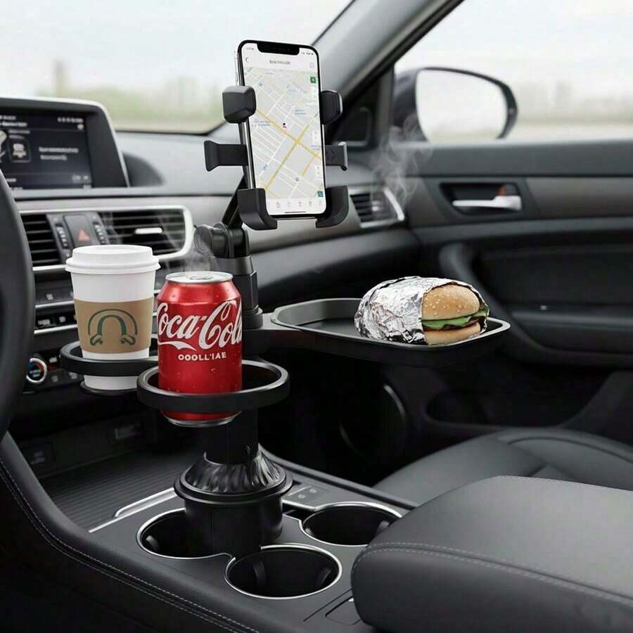 Dudukan Ponsel Mobil 4-in-1 dengan Tempat Gelas, Baki Makanan, dan Ruang Penyimpanan - Aksesori Mobil Tahan Air yang Dapat Diatur - A - View 1