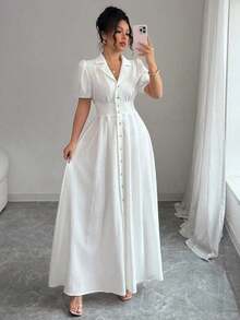 Vestido elegante de mujer de unicolor con cuello de solapa y mangas abullonadas - Beis - Ver 3