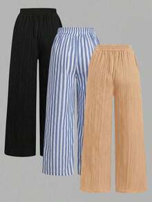 Set de 3 pantalones rectos sueltos de cintura alta con cordón y bolsillos, de unicolor y versátiles, adecuados para primavera/verano - Multicolor - Ver 2