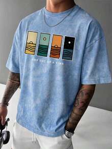 Compatible With The Minimalist Printed Short-Sleeved T-Shirt For Men, Comfortable And Breathable, Suitable For Summer, Fashionable. - 霧霾藍 - 查看 2