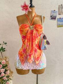 Camiseta asimétrica con decoración de conchas marinas, adecuada para vacaciones en la playa, verano - Multicolor 4 - Ver 8