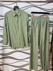 Linen Shirt And Pants Set, 2 Pieces, Lined With Elastic. - Verde de judía - Ver 1