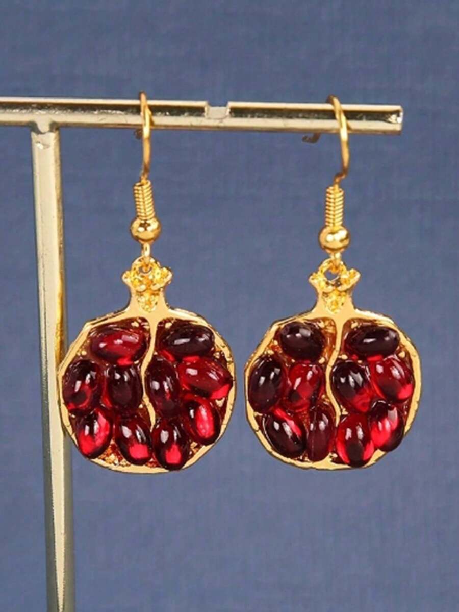 1 par de pendientes colgantes de metal con forma de granada, de estilo europeo y americano, creativos y de moda, con gemas rojas, de diseño único y un sentido interesante de exageración - Multicolor - Ver 1