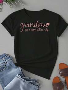 Camiseta Casual de Talla Grande para Mujer: "Abuela como una madre, pero sin reglas", mezcla de poliéster elástico y spandex. - Negro - Ver 2