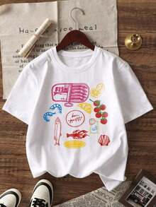 Women's Summer T-Shirt With Seafood Graphic Print, New 2026 Collection, Casual Short Sleeve Crew Neck Style, Loose Fit, Retro Aesthetic For Food Lovers, Comfortable And Breathable, Perfect For Vacation, Streetwear, Back To School, Food Festivals, Holidays, Weekend Outings, Casual Daily Wear And Seafood Lover Outfit. - 白色的 - 查看 3