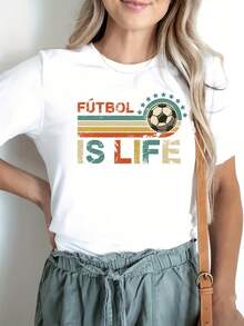 Women's Casual Short-Sleeved Crew Neck T-Shirt With Football Letter Print, Spring/Summer Sports Top - [白色的] - 查看 6