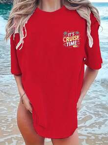 Women's Short-Sleeved T-Shirt With Round Neck, Front And Back Holiday Print, Casual Style For Spring/Summer, Comfortable And Versatile - 亮紅 - 查看 2