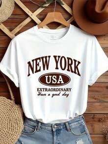 Camiseta de impresión bilingüe de Nueva York EE.UU. sobredimension de las mujeres - camiseta de cuello redondo de manga corta blanca casual con letras marrones, relado H-Line Fit, Top lavable en máquina de toda la tempor para regalo de recuerdo de Nueva York y tre casual - Blanco - Ver 2
