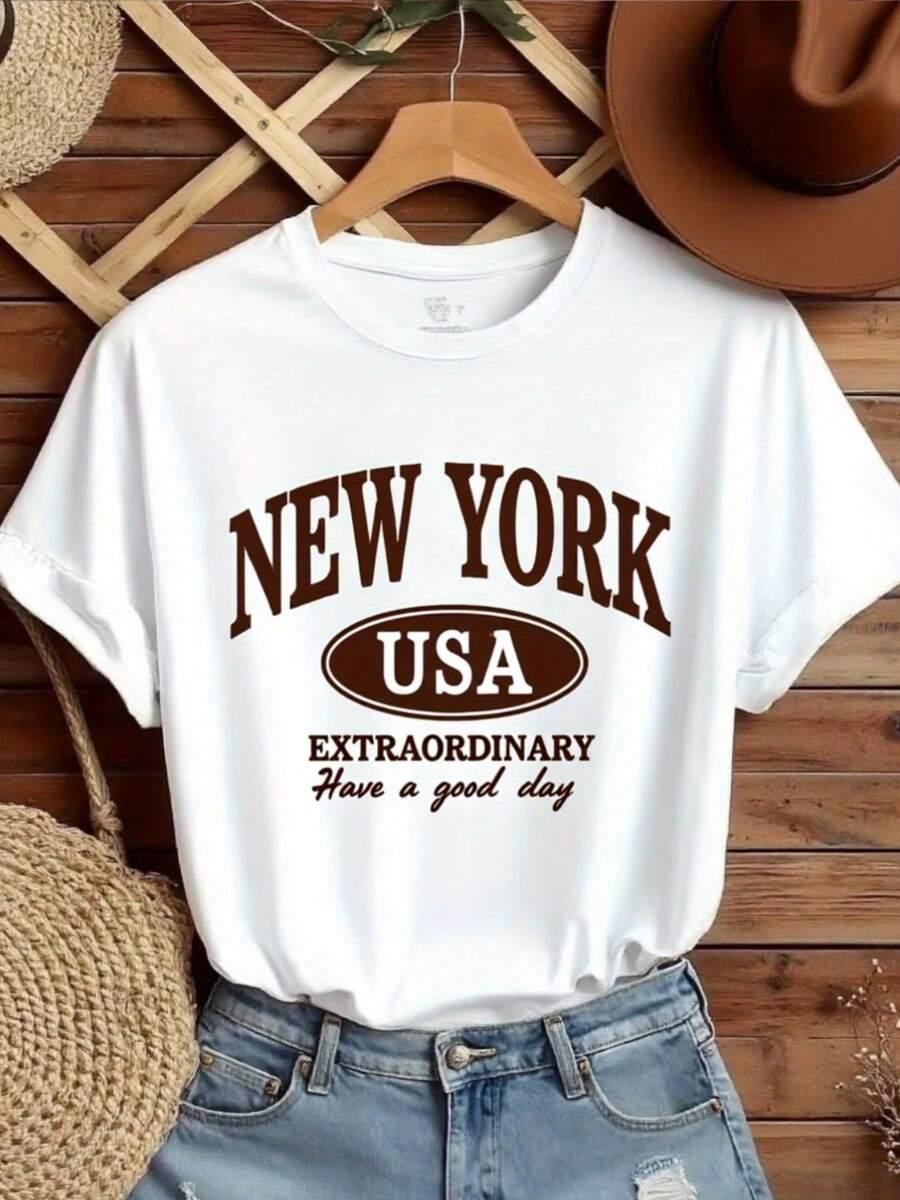 Camiseta de impresión bilingüe de Nueva York EE.UU. sobredimension de las mujeres - camiseta de cuello redondo de manga corta blanca casual con letras marrones, relado H-Line Fit, Top lavable en máquina de toda la tempor para regalo de recuerdo de Nueva York y tre casual