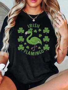 Algodón Camiseta Estampada De Flamencos Y Tréboles Para Mujer, De San Patricio, De Manga Corta, Informal, Con Cuello Redondo, Lavable, Negra Con Diseño Verde, Ropa Informal, Diseño De Temática Irlandesa, Material De Secado Rápido. -Vintage Street Style Unisex Loose Cotton Short Sleeve Crew Neck T-Shirtblusas para mujer, playeras de mujer,blusas casuales para dama, - Negro - Ver 8