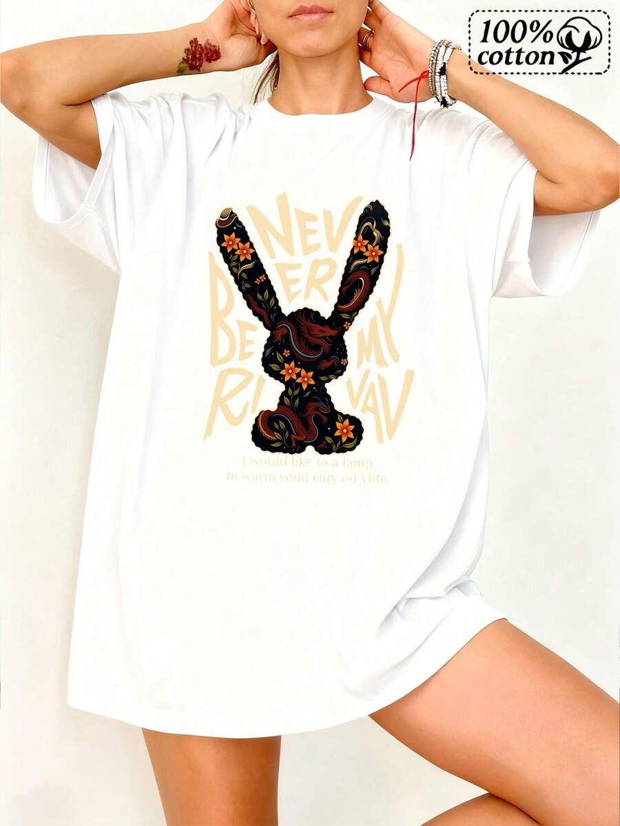 Moda Mujeres Camiseta Blanca Frontal Impresión Conejo Patrón y Texto | Comodo Vestido Casual para Outfi cotidianos, Toda la tempor Estilo de dibujo con Detas Applique