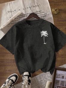 Camiseta de Playa de Verano para Mujer, Casual, con Estampado de Palmeras, Cuello Redondo, Manga Corta, Blanca - Gris Oscuro - Ver 3