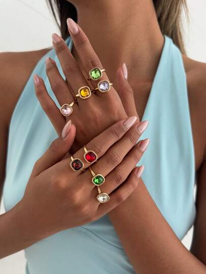 8pcs/Set Elegant Geometric Inlaid Colorful Faux Gemstone Metal Open Ring Set, Luxurious Jewelry, Suitable For Wedding, Party, Vacation, Casual, Street Style, Women & Couples, Holiday, Birthday, Versatile Gift