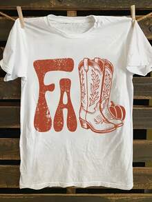 Wo Western Cowboy Boot Graphic T-Shirt | Camiseta blanca con letras rojas, top casual diario suave para eventos del país occidental, fiestas temáticas y tres cotidianos - Toda la tempor, impresión geométrica, uste relado, material transpirable, manga corta - Blanco - Ver 2