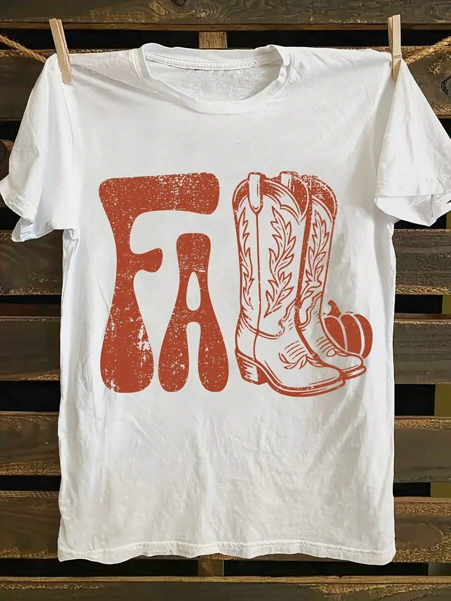 Wo Western Cowboy Boot Graphic T-Shirt | Camiseta blanca con letras rojas, top casual diario suave para eventos del país occidental, fiestas temáticas y tres cotidianos - Toda la tempor, impresión geométrica, uste relado, material transpirable, manga corta