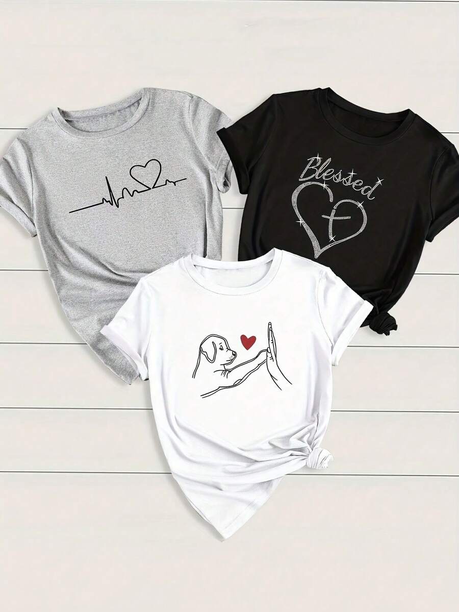 Camiseta de verano casual de una pieza con estampado de corazón y perro, manga corta, cuello redondo, para mujer. - Negro - Ver 1