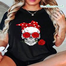 Talla Grande - Talla Grande - Camiseta de Mujer de Manga Corta y Cuello Redondo con Bufanda Gótica Roja y Estampado de Calavera de Rosa para Primavera y Verano - Negro - Ver 1