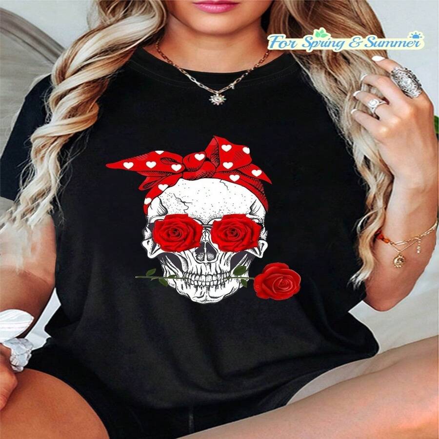 Talla Grande - Talla Grande - Camiseta de Mujer de Manga Corta y Cuello Redondo con Bufanda Gótica Roja y Estampado de Calavera de Rosa para Primavera y Verano - Negro - Ver 1