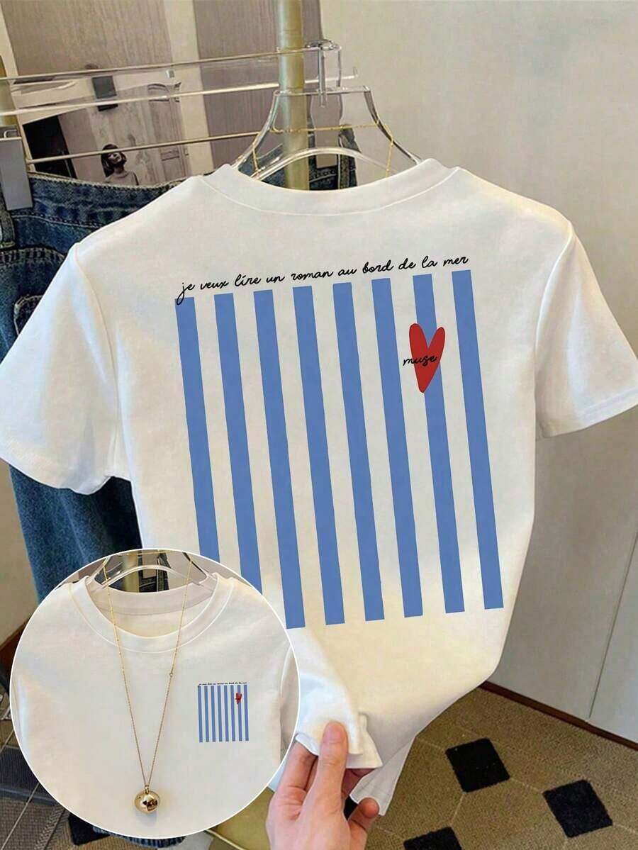 1pscDrmWander Camiseta de Manga Corta con Cuello Redondo y Estampado de Dibujos Animados, Talla Grande, Versátil para Uso Diario, 100% Algodón - Blanco 5 - Ver 1