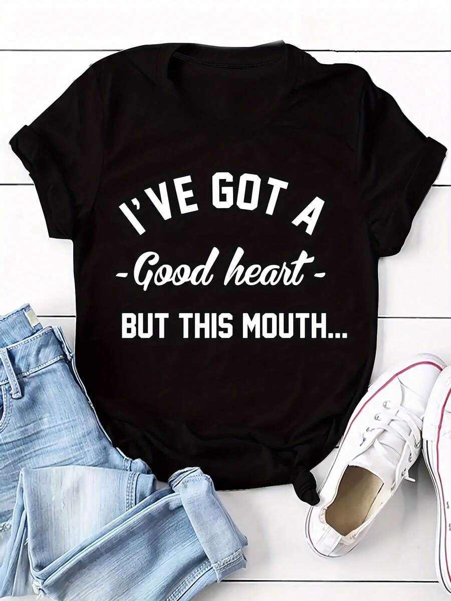 Camiseta de algodón de manga corta para mujer, camiseta con estampado de eslogan, top casual de manga corta para primavera y verano, ropa de mujer. - Negro - Ver 1