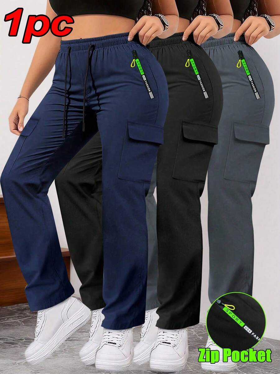 Pantalones cargo con bolsillos con cremallera para mujer, diseño de bolsillos grandes de moda, cintura elástica con cordón, pantalones ajustados casuales para uso diario/al aire libre
