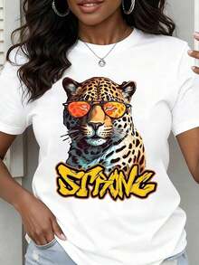 Camiseta de Cuello Redondo para Mujer con Estampado de Leopardo, Gafas de Sol y Texto Fuerte, Manga Corta, Ropa Casual de Verano - Blanco - Ver 7