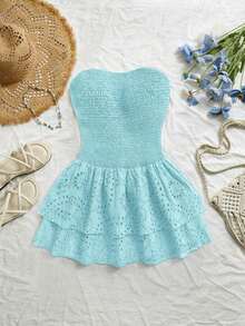 Vestido azul marino con cintura ceñida, plisado, sin tirantes, sexy, calado, con bordado y dobladillo fruncido, estilo vacaciones - verde menta - Ver 6