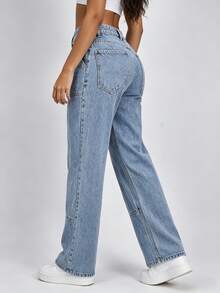 Pantalones de mujer de mezclilla de talle alto, amplios y rectos, diseño con estilo de trabajo, grandes bolsillos, tejido de mezclilla resistente y transpirable, ideales para cualquier época del año, perfectos para salir, citas y trabajo - Lavado ligero - Ver 3