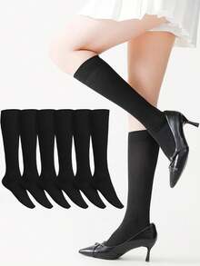 6 Pairs Women Opaque High Stretch Nylon Knee High Trouser Socks Multi Colors Casual Daily Wear - Black - View 2