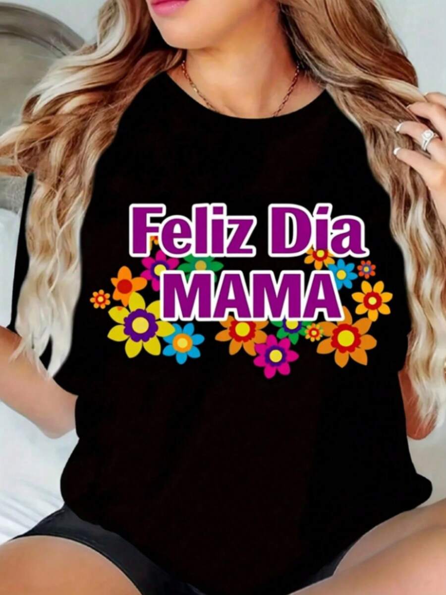 Women's Round Neck Short Sleeve T-Shirt, Comfortable And Breathable; Feminine Casual Wear, Versatile Garment; Happy Mother's Day And Flowers Print, Showcasing Feminine Fashion; Various Styles, Easy To Match With All Kinds Of Styles. - 黑色 - 查看 1
