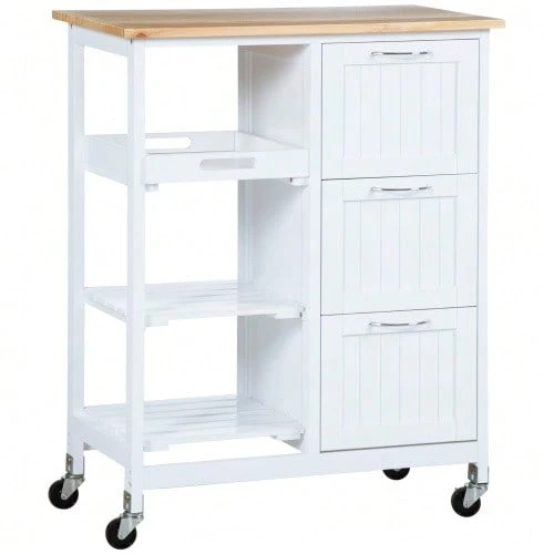 Kitchen Trolley, Serving Trolley With 3 Drawers, 3 Shelves, Countertop, Kitchen Trolley With Wheels, Storage Trolley, White, 67 X 37 X 85 Cm - White - View 1