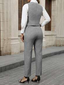 Conjunto de blusa con botones delanteros y pantalones casuales con bolsillo para mujer en otoño/invierno - Gris 2 - Ver 3