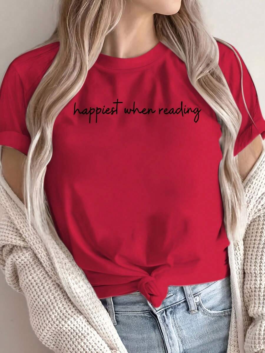 Soft 100% Cotton Women's Short-Sleeved Crew Neck T-Shirt With A Floral Print And English Lettering On The Chest. Breathable And Machine-Washable Fabric, Suitable For All Seasons. Not Suitable For Layering Under Blouses. Ideal For Casual Wear, Layering, And Basic Outfits. Breathable Cotton T-Shirt That Goes With Everything. - 紅色 - 查看 1