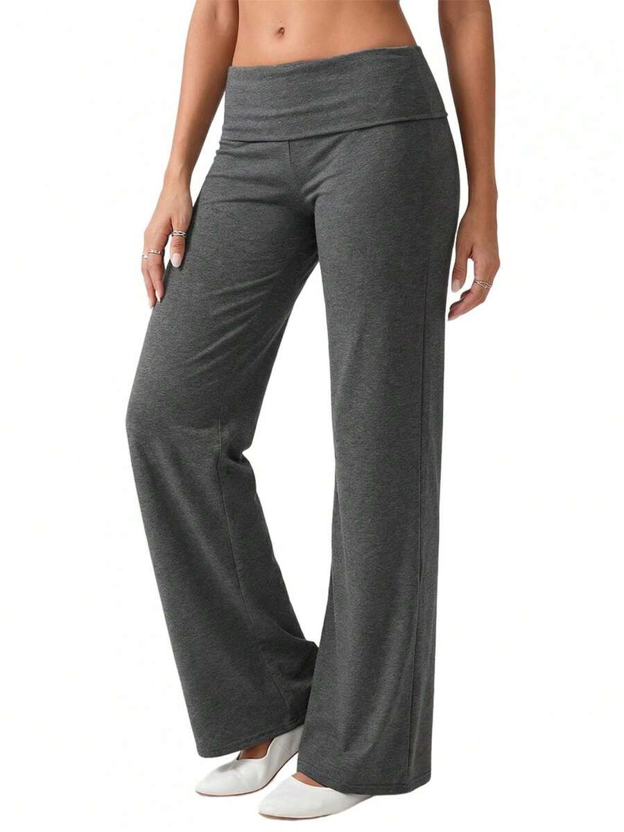 Women's Spring Summer Baggy Pants Foldover Waist Solid Color Loose Wide Leg Pants - Dark Grey - View 1