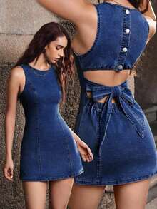 Vestido de mezclilla elegante con cuello redondo, espalda descubierta, diseño de lazo y ajuste ceñido a la cintura, adecuado para citas y fiestas - Azul lavado oscuro 2 - Ver 8
