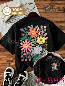 Illustration Of Fresh And Mixed Flowers And Plants, Women's Casual Spring/Summer Double-Sided Print T-Shirt, Retro And Cute Style, Short Sleeve Round Neck T-Shirt - Unisex Loose Cotton Short Sleeve Round Neck Urban Vintage Style T-Shirt. - 黑色 - 查看 12