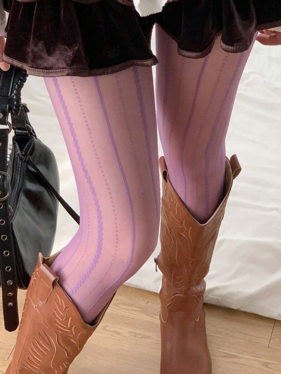 1双黑色法式提花丝袜,春夏防勾丝条纹白色连裤袜,时尚女士袜子,适合派对、办公室穿着 - 彩色 - 查看 1