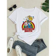 Camiseta Casual de Cuello Redondo para Mujer con Personajes de Dibujos Animados Vibrantes y Gráfico de Arcoíris, Manga Corta y Micro Elástica para Primavera/Verano, Longitud Regular Cómoda - Regalo Ideal, Camisetas para Damas - Blanco - Ver 1