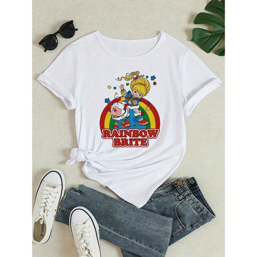 Camiseta Casual de Cuello Redondo para Mujer con Personajes de Dibujos Animados Vibrantes y Gráfico de Arcoíris, Manga Corta y Micro Elástica para Primavera/Verano, Longitud Regular Cómoda - Regalo Ideal, Camisetas para Damas - Blanco - Ver 1