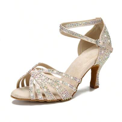 Fashion Satin Latin Dance Shoes, Diamond Pearl Dance Shoes, Tango Salsa Salon Dance Shoes, Bridal Shoes, Women's Party High Heels 7.5CM