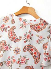 Blusa casual de mujer con estampado de cerezas, cuello plisado y mangas cortas de campana en silueta "H", para uso diario y vacaciones - Multicolor 2 - Ver 5