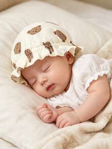 1 pieza Gorro de algodón de gasa con estampado de oso bebé, gorro suave ajustable para recién nacidos con borde de volantes, adecuado para bebés e infantes - 1PC - Ver 3