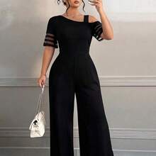 Elenzya Plus Size Women Casual Solid Color Minimalist Asymmetric Jumpsuit - Negro - Ver 9