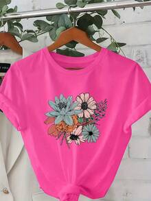 Plus Size - Plus Size - Fashionable Short Sleeve Crew Neck Printed T-Shirt, Plus Size Women's Clothing, Women's Clothing - 玫紅色 - 查看 1