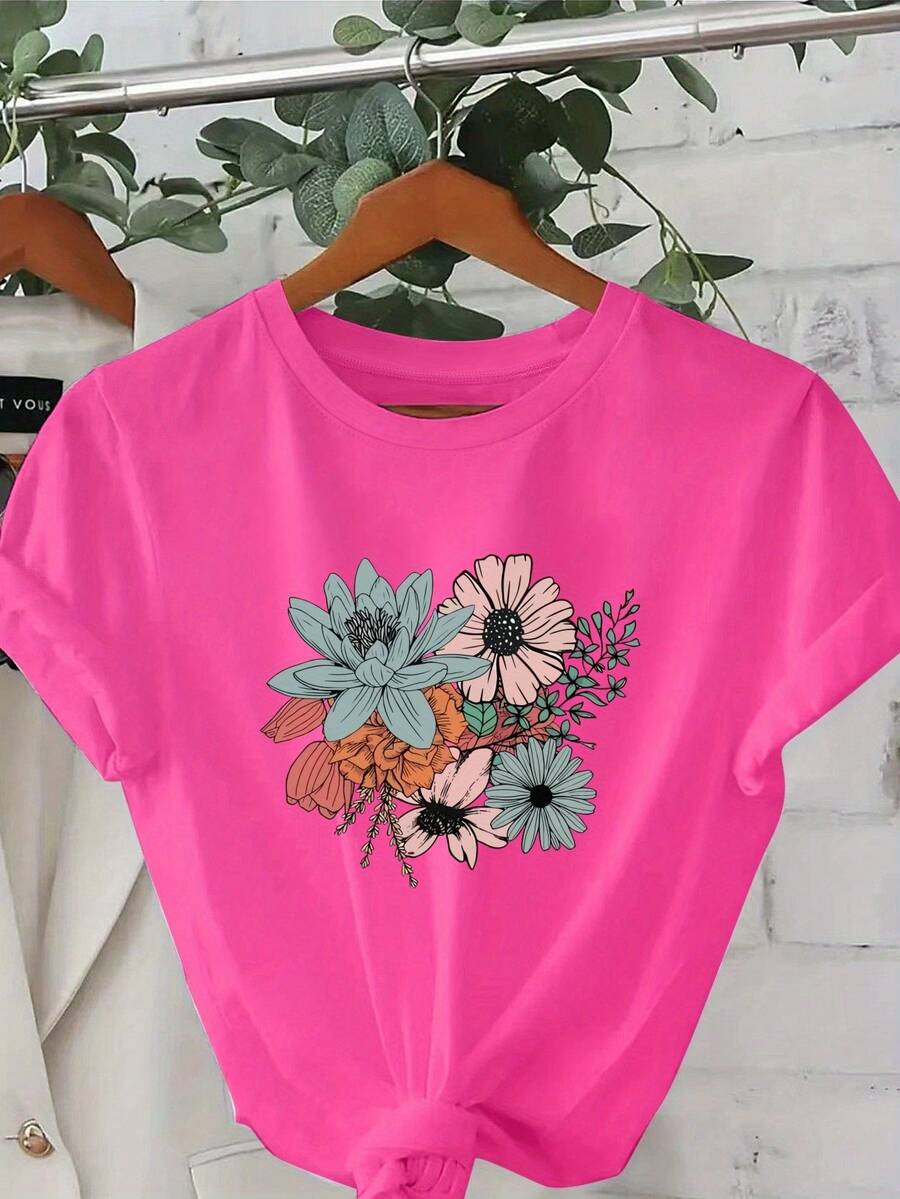 Plus Size - Plus Size - Fashionable Short Sleeve Crew Neck Printed T-Shirt, Plus Size Women's Clothing, Women's Clothing - 玫紅色 - 查看 1
