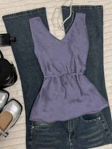 Camiseta sin mangas de moda casual con cuello en V y lazo frontal para mujer - Morado - Ver 2