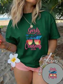Camiseta de mujer verano 2026 con estampado de crucero y gafas de sol, manga corta, estilo casual para viajes y uso diario - Verde Oliva - Ver 6